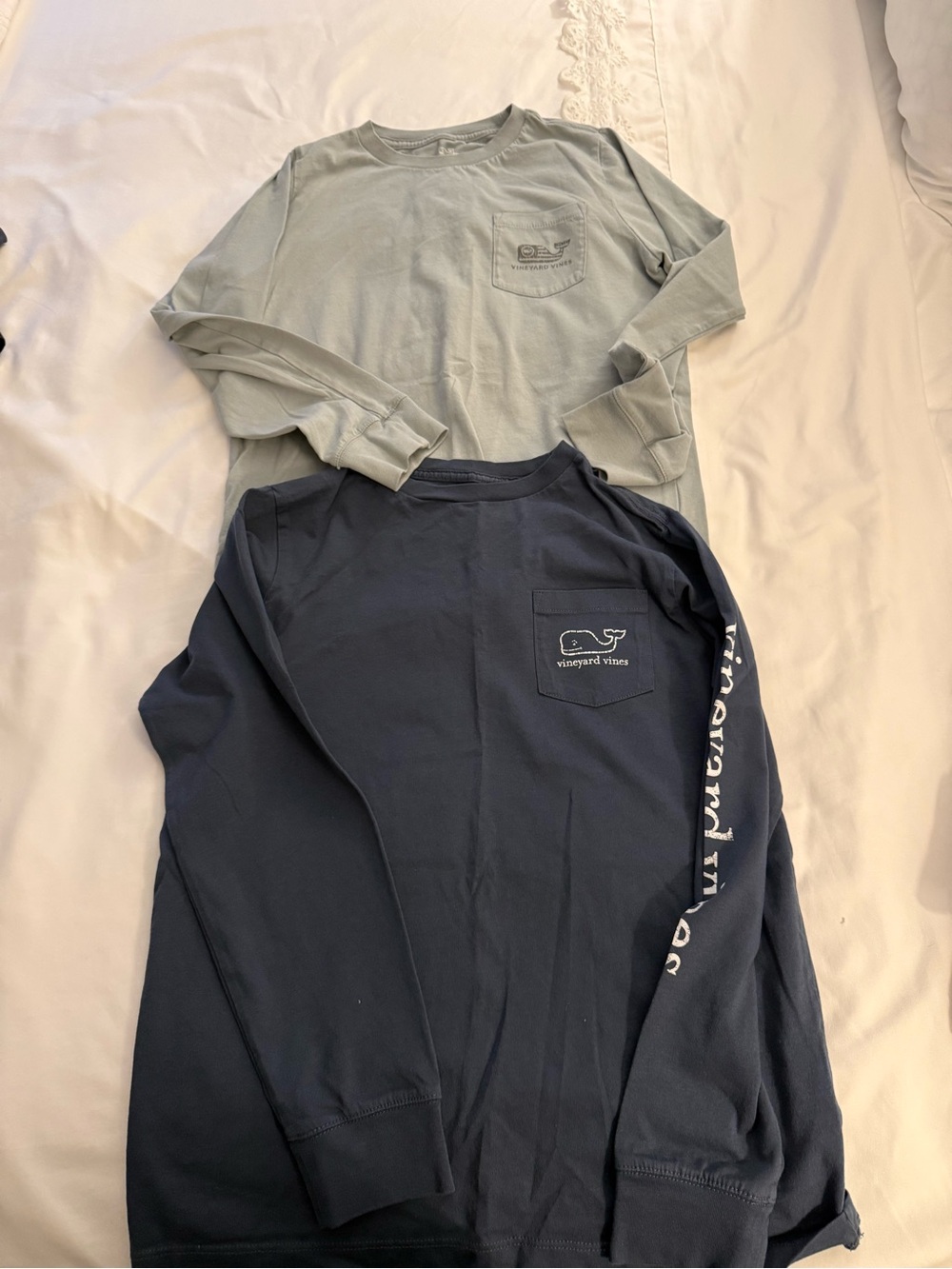 Vineyard Vines Long-Sleeve Pocket Tees in Navy and Light Green
